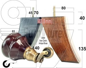 2x Castor Legs & 2x Curved Wood Furniture Replacement Feet M8 Chairs, Sofa 140mm