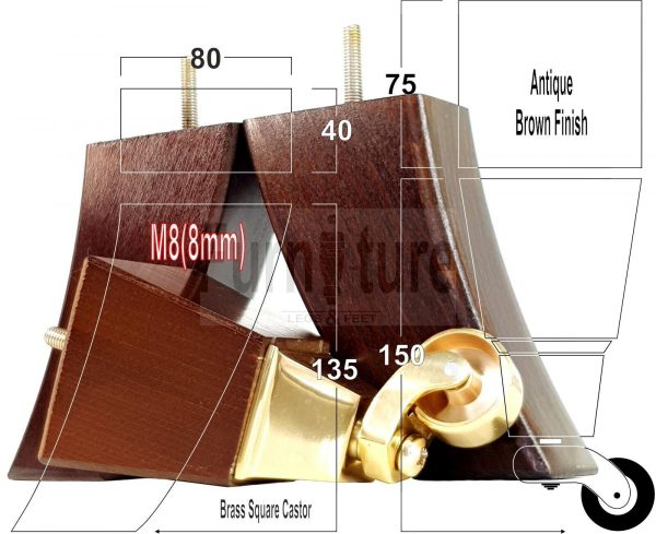 2x Cuved Wood Furniture Chair Legs & 2x Brass Castor Sofa Settee Feet 150mm High