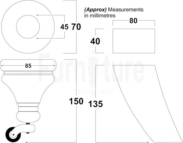 2x Furniture Castor Legs & 2x Curved Solid Wooden Feet M8 Chairs Sofa 150mm High - Image 2