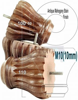 4 FURNITURE BUN FEET ANTIQUE MAHOGANY STAIN TURNED WOODEN LEGS 110mm HIGH M10