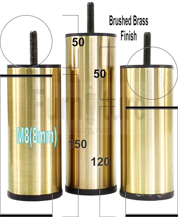 4 Metal Furniture Legs Round Brushed Brass Feet 120 & 150mm High Sofa Chair Beds - Image 6