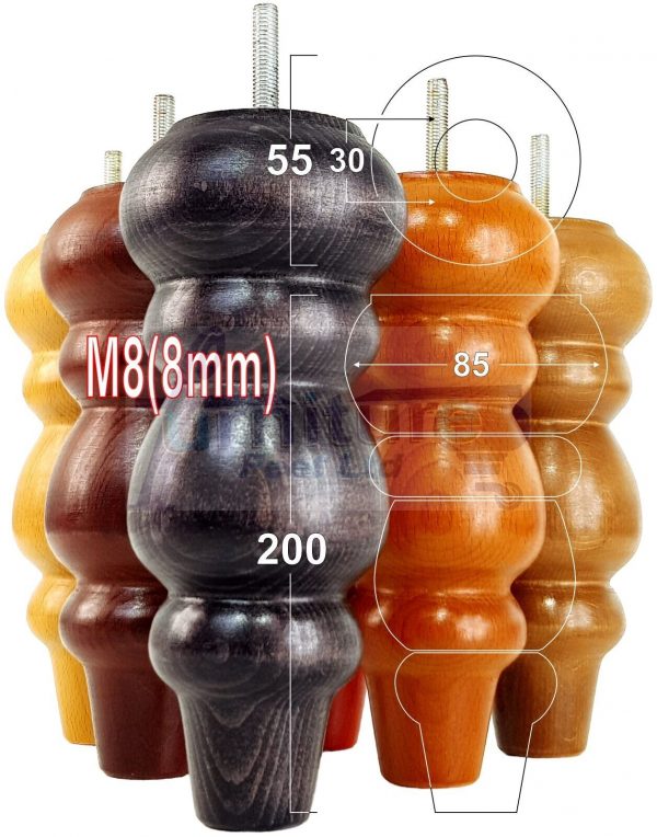 4 Replacement Turned Wooden Furniture Sofa Legs M8 Chair Settee Feet 200mm High - Image 5
