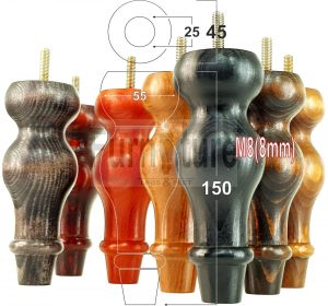 4 Replacement Turned Wood Furniture Sofa Leg M8 Chair Settee Bun Feet 150mm High