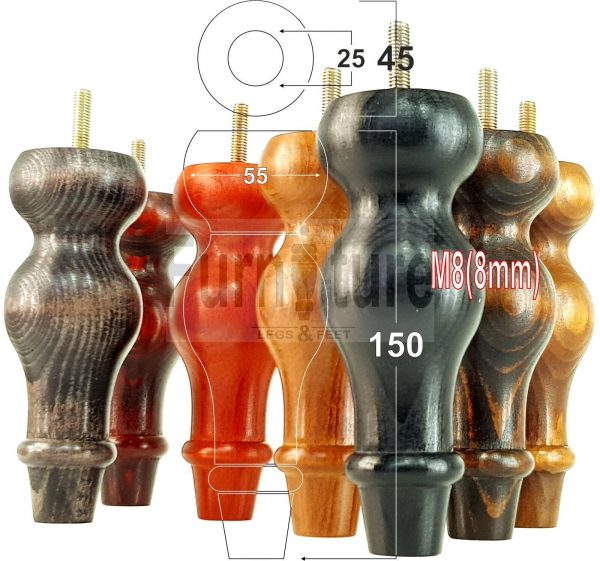 4 Replacement Turned Wood Furniture Sofa Leg M8 Chair Settee Bun Feet 150mm High
