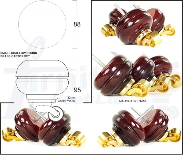 4 Turned Bun Wood Furniture Sofa Chair Legs M8 Replacement Castor Feet 95mm High - Image 5
