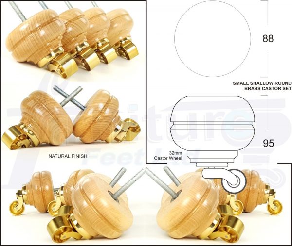 4 Turned Bun Wood Furniture Sofa Chair Legs M8 Replacement Castor Feet 95mm High - Image 7