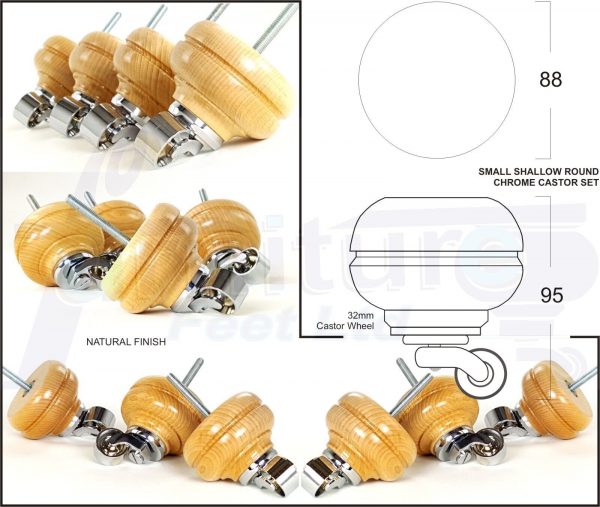 4 Turned Bun Wood Furniture Sofa Chair Legs M8 Replacement Castor Feet 95mm High - Image 8