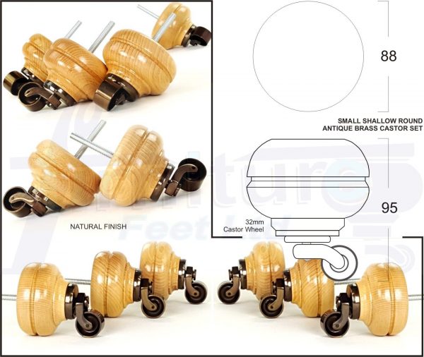 4 Turned Bun Wood Furniture Sofa Chair Legs M8 Replacement Castor Feet 95mm High - Image 9