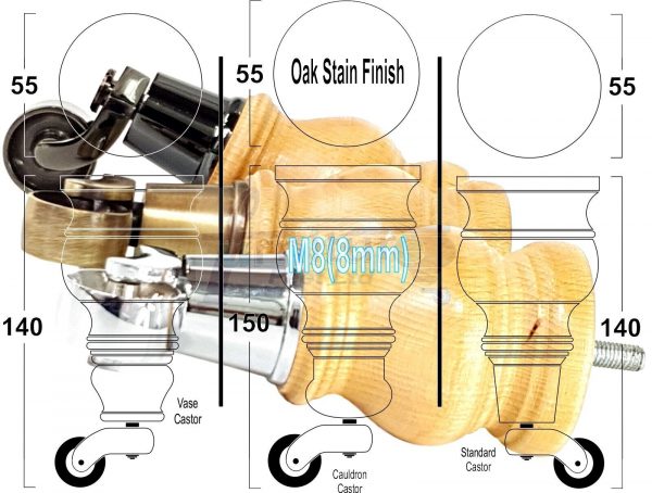 4 Turned Wood Castor Legs 150mm High Chair Sofa Furniture Feet Oak Stain M8 - Image 2