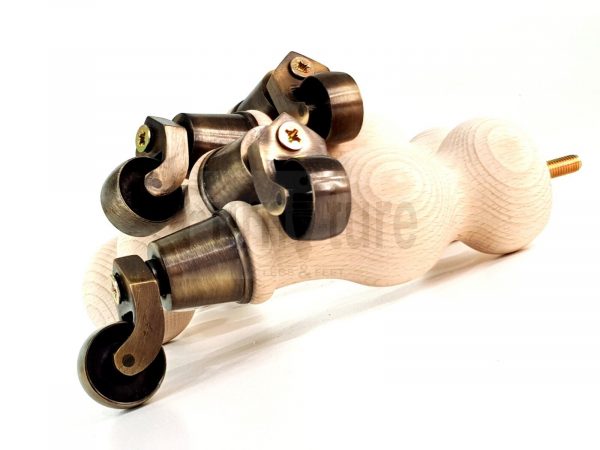 4 Turned Wood Furniture Leg Antique Brass Castor Wheel Raw Bun Feet 195mm High - Image 10