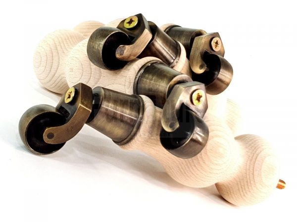 4 Turned Wood Furniture Leg Antique Brass Castor Wheel Raw Bun Feet 195mm High - Image 11