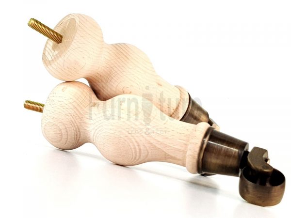 4 Turned Wood Furniture Leg Antique Brass Castor Wheel Raw Bun Feet 195mm High - Image 2