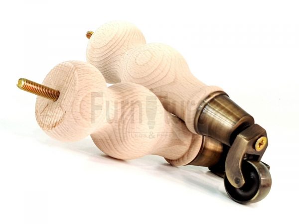 4 Turned Wood Furniture Leg Antique Brass Castor Wheel Raw Bun Feet 195mm High - Image 4
