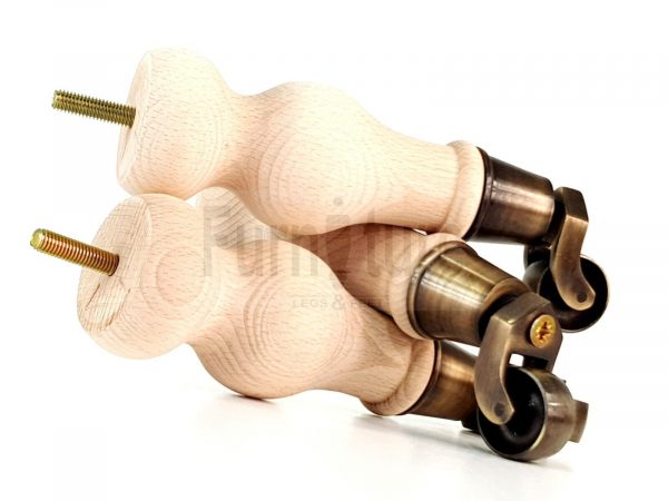 4 Turned Wood Furniture Leg Antique Brass Castor Wheel Raw Bun Feet 195mm High - Image 5