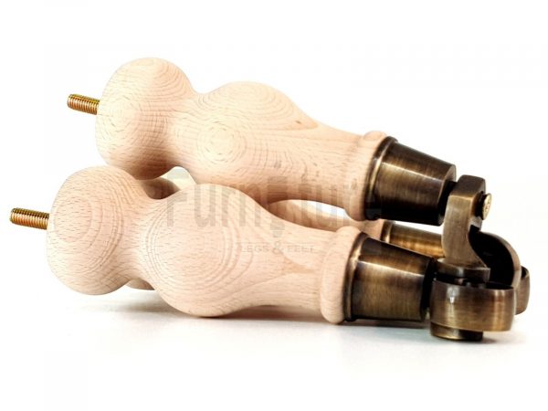 4 Turned Wood Furniture Leg Antique Brass Castor Wheel Raw Bun Feet 195mm High - Image 7
