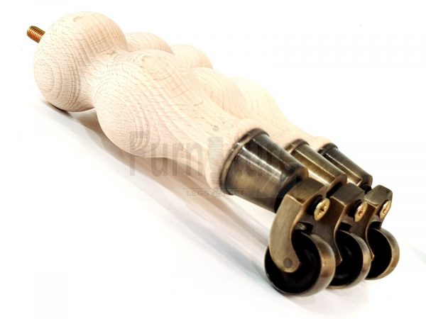 4 Turned Wood Furniture Leg Antique Brass Castor Wheel Raw Bun Feet 195mm High - Image 9