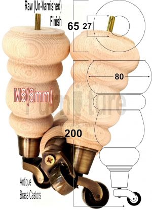 4 Turned Wooden Furniture Leg & Antique Castor Wheel Bun Feet Raw M8 200mm High