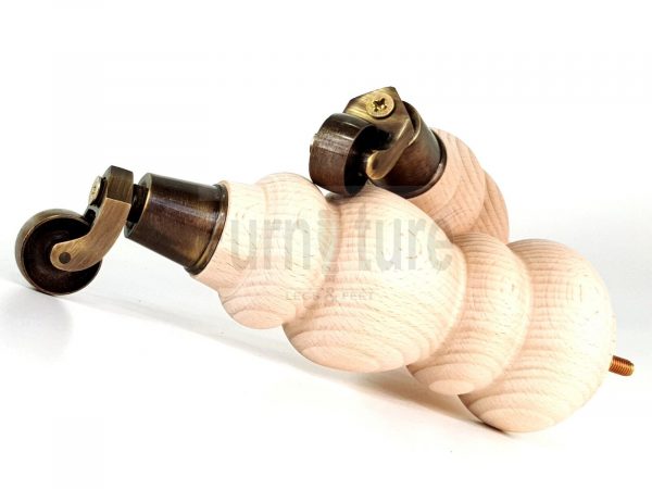 4 Turned Wooden Furniture Leg & Antique Castor Wheel Bun Feet Raw M8 250mm High - Image 10