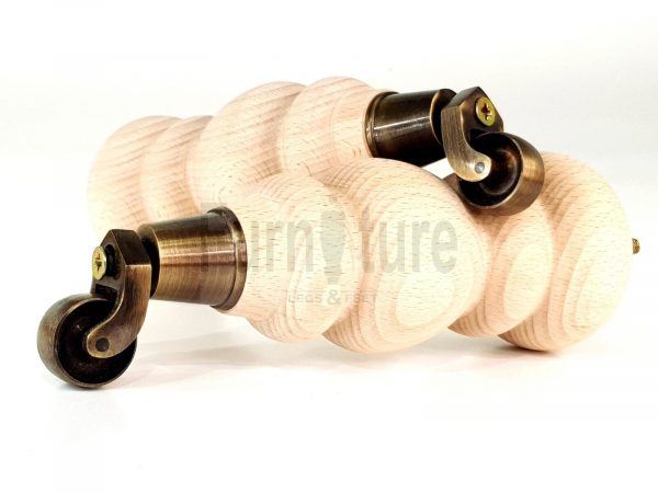 4 Turned Wooden Furniture Leg & Antique Castor Wheel Bun Feet Raw M8 250mm High - Image 11