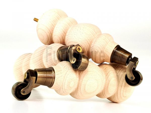 4 Turned Wooden Furniture Leg & Antique Castor Wheel Bun Feet Raw M8 250mm High - Image 12