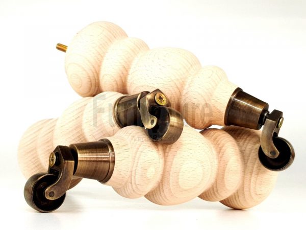 4 Turned Wooden Furniture Leg & Antique Castor Wheel Bun Feet Raw M8 250mm High - Image 13