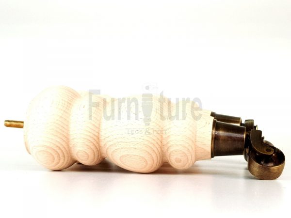 4 Turned Wooden Furniture Leg & Antique Castor Wheel Bun Feet Raw M8 250mm High - Image 2