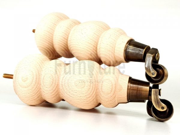 4 Turned Wooden Furniture Leg & Antique Castor Wheel Bun Feet Raw M8 250mm High - Image 4