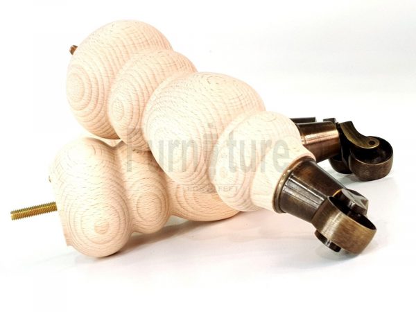 4 Turned Wooden Furniture Leg & Antique Castor Wheel Bun Feet Raw M8 250mm High - Image 5