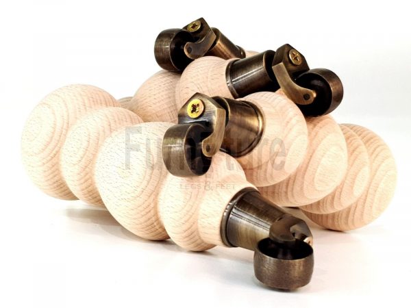 4 Turned Wooden Furniture Leg & Antique Castor Wheel Bun Feet Raw M8 250mm High - Image 6