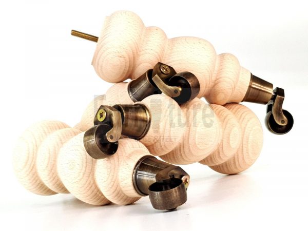 4 Turned Wooden Furniture Leg & Antique Castor Wheel Bun Feet Raw M8 250mm High - Image 7