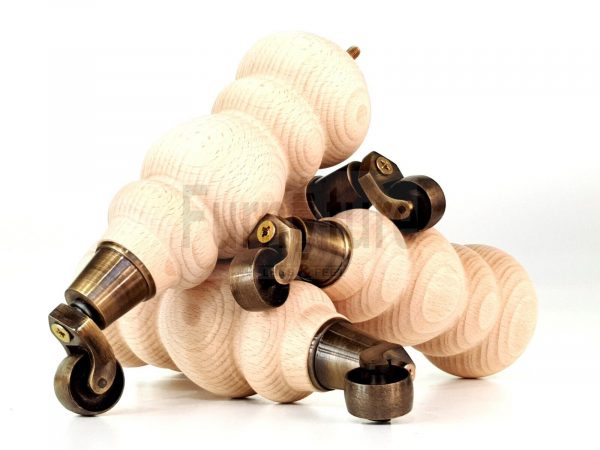 4 Turned Wooden Furniture Leg & Antique Castor Wheel Bun Feet Raw M8 250mm High - Image 8
