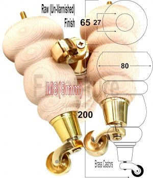 4 Turned Wooden Furniture Leg & Brass Castor Wheel Bun Feet Raw M8 200mm High