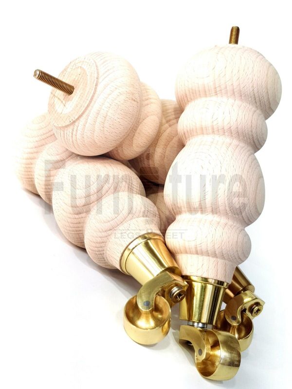 4 Turned Wooden Furniture Leg & Brass Castor Wheel Bun Feet Raw M8 250mm High - Image 10