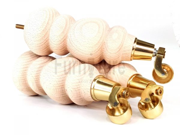 4 Turned Wooden Furniture Leg & Brass Castor Wheel Bun Feet Raw M8 250mm High - Image 4