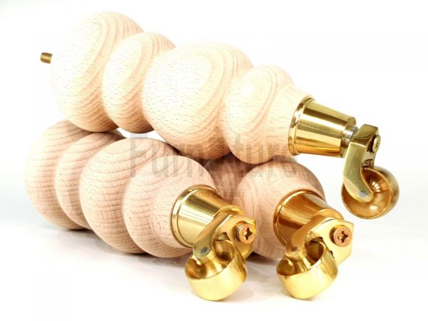 4 Turned Wooden Furniture Leg & Brass Castor Wheel Bun Feet Raw M8 250mm High - Image 5