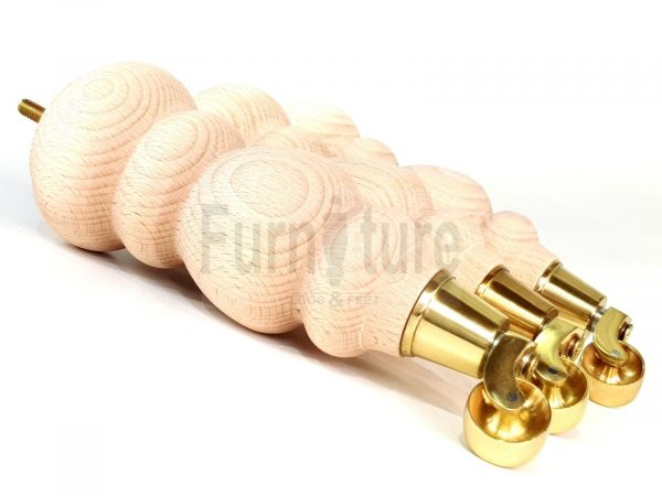 4 Turned Wooden Furniture Leg & Brass Castor Wheel Bun Feet Raw M8 250mm High - Image 6