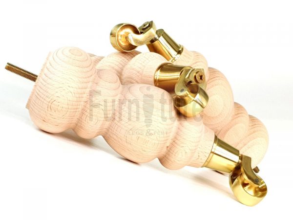 4 Turned Wooden Furniture Leg & Brass Castor Wheel Bun Feet Raw M8 250mm High - Image 7