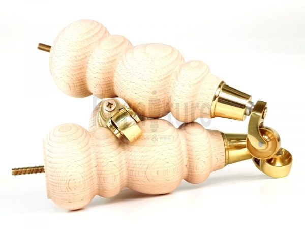 4 Turned Wooden Furniture Leg & Brass Castor Wheel Bun Feet Raw M8 250mm High - Image 8