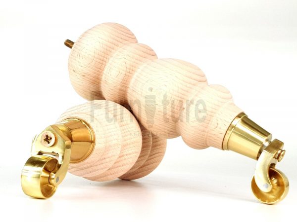 4 Turned Wooden Furniture Leg & Brass Castor Wheel Bun Feet Raw M8 250mm High - Image 9