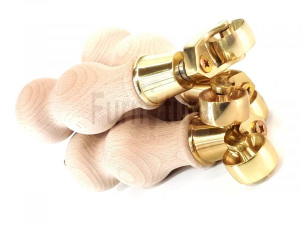 4 Turned Wooden Furniture Leg Brass Castor Wheel Raw Wood Bun Feet M8 195mm High - Image 10