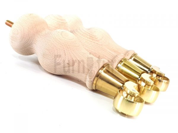 4 Turned Wooden Furniture Leg Brass Castor Wheel Raw Wood Bun Feet M8 195mm High - Image 3