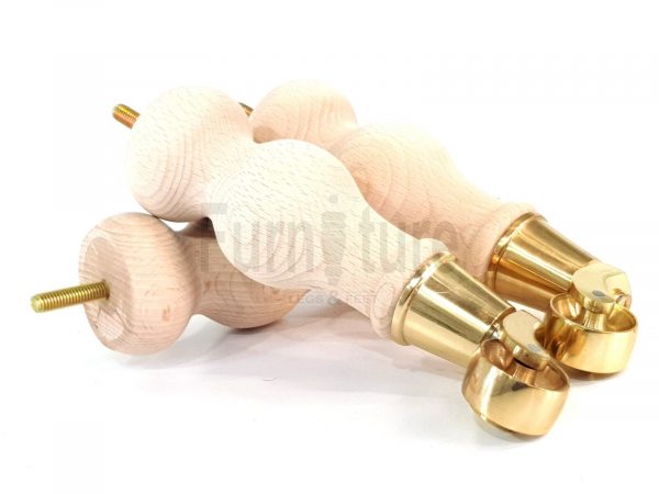 4 Turned Wooden Furniture Leg Brass Castor Wheel Raw Wood Bun Feet M8 195mm High - Image 4