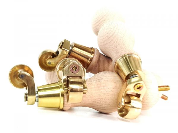 4 Turned Wooden Furniture Leg Brass Castor Wheel Raw Wood Bun Feet M8 195mm High - Image 5