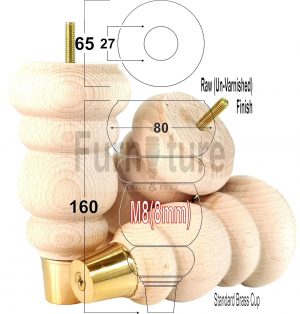 4 Turned Wooden Furniture Leg Brass Slipper Cup Raw Wood Bun Feet M8 160mm High