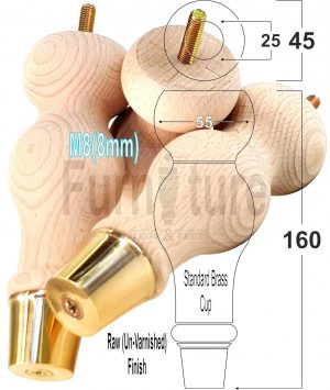4 Turned Wooden Furniture Leg Brass Slipper Cup Raw Wood Bun Feet M8 160mm High