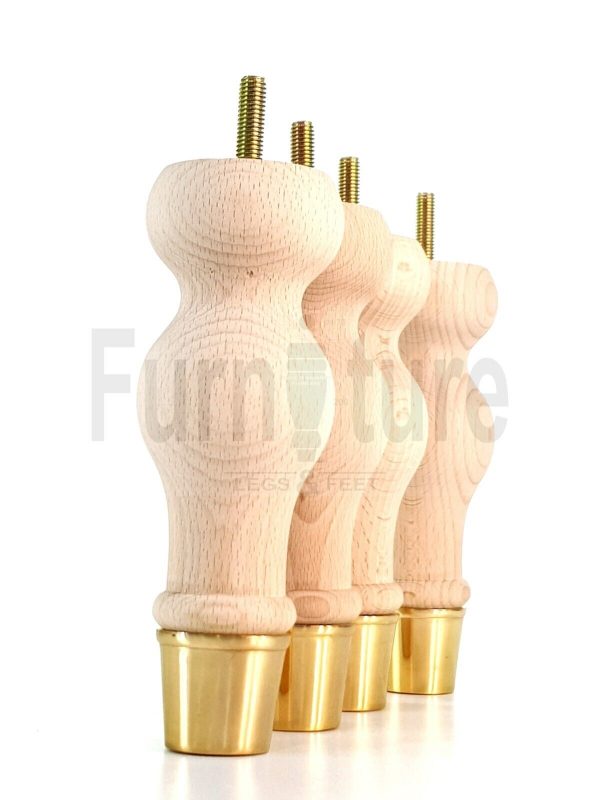 4 Turned Wooden Furniture Leg Brass Slipper Cup Raw Wood Bun Feet M8 160mm High - Image 10