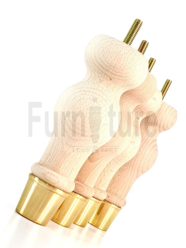 4 Turned Wooden Furniture Leg Brass Slipper Cup Raw Wood Bun Feet M8 160mm High - Image 12