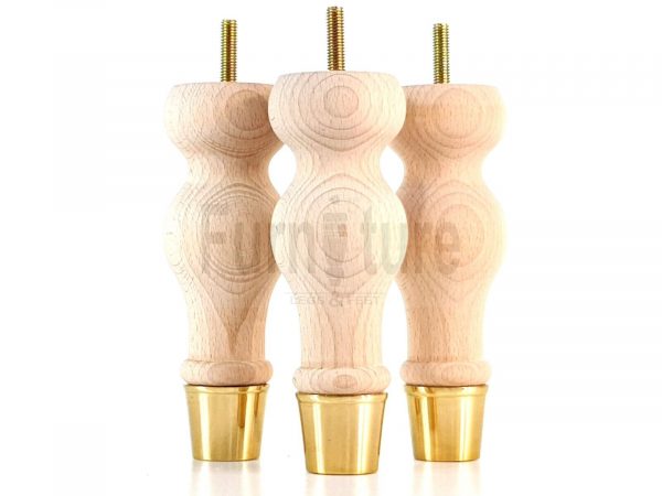 4 Turned Wooden Furniture Leg Brass Slipper Cup Raw Wood Bun Feet M8 160mm High - Image 2