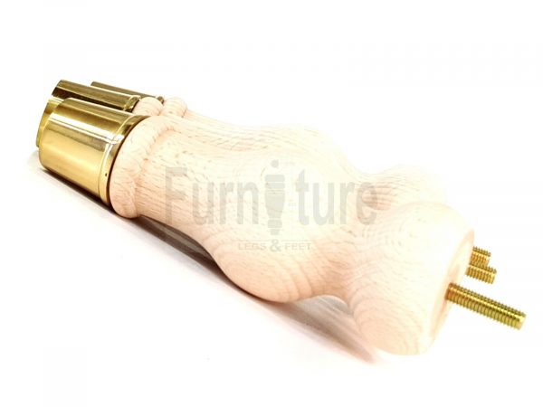 4 Turned Wooden Furniture Leg Brass Slipper Cup Raw Wood Bun Feet M8 160mm High - Image 4