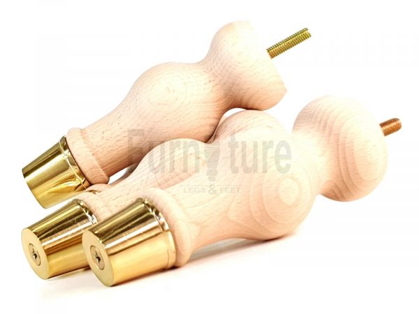 4 Turned Wooden Furniture Leg Brass Slipper Cup Raw Wood Bun Feet M8 160mm High - Image 5